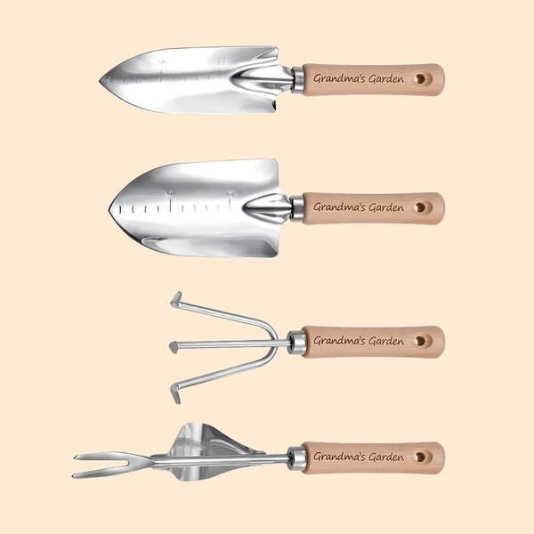 Personalized Set of 4 Stainless Steel Garden Tools with Engraved Text Wooden Handle Mother’s Day Father’s Day Gift for Gardeners