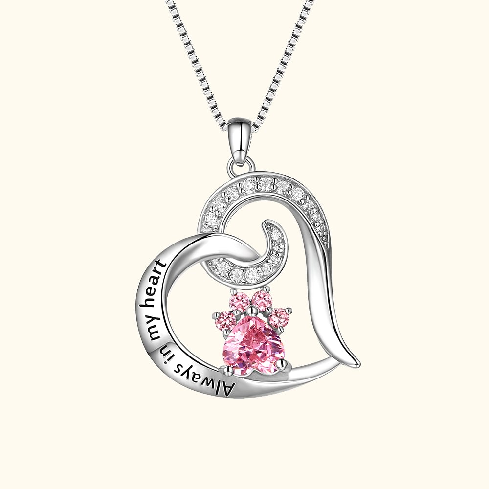 Always My Heart Pet Paw Print Birthstone Memorial Necklace