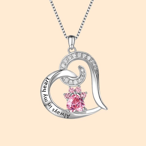 Always in My Heart Paw Print Birthstone minneshalsband