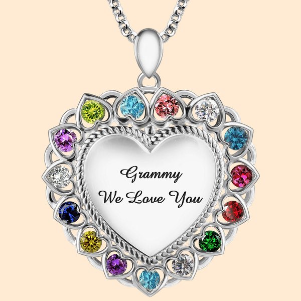 Collier de Famille Personnalisé avec 1-15 Pierre de Naissance et Texte Gravé sur Pendentif en Coeur Collier en Argent Gravure Cadeau Fête des Mères