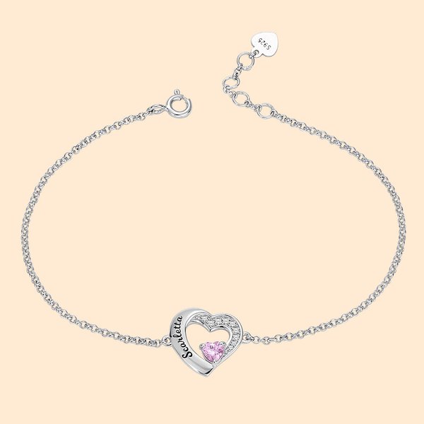 Bracciale da donna con pietra di parto e nome personalizzato del cuore