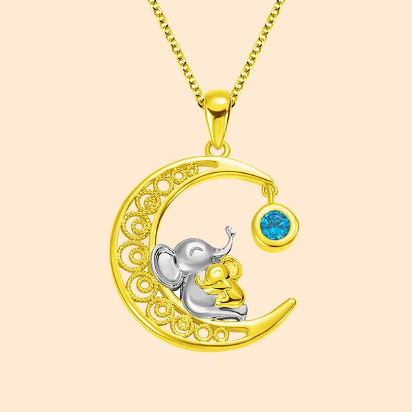 Custom Moon Mother & Child Elephant Necklace with Birthstone