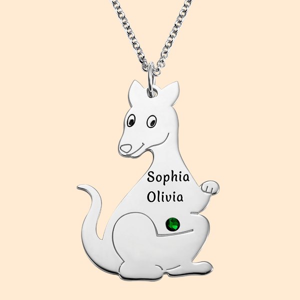 Kangaroo Mom Necklace Engraved Kid's Name & Birthstone