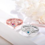 Personalised 1-8 Birthstones Heart Design Ring with Engraved Names Family Jewellery Birthday Mother's Day Gift for Women