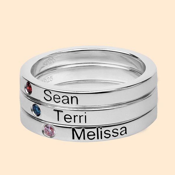 Stackable Name Rings with Children Names & Birthstones