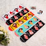 Chaussettes Motif Cœur Personnalisées avec Visage de Couple Cadeau Anniversaire Saint-Valentin pour Couple