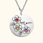 Collier Gravé Personnalisé avec 1-9 Pierres de Naissance et Prénom sur Médaille de Fleurs Sakura Cadeau Familial Fête des Mères pour Maman