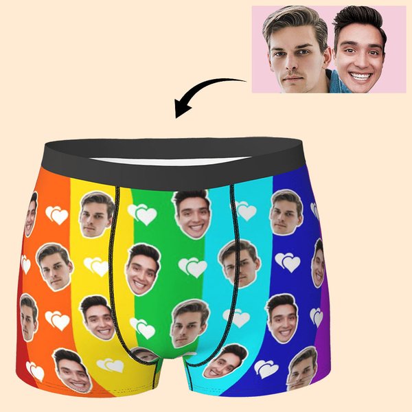 Personalised Funny Rainbow Face Boxers Briefs Underwear with Hearts Valentine's Day Gift for Men