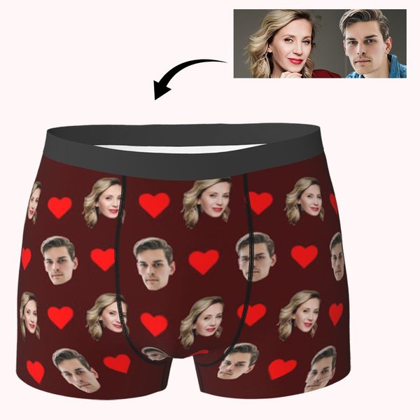 Caleçon Motif Cœur d'Amour Sous-Vêtement Personnalisé avec Photos de Visages Drôles Cadeau d'Anniversaire Saint-Valentin pour Lui