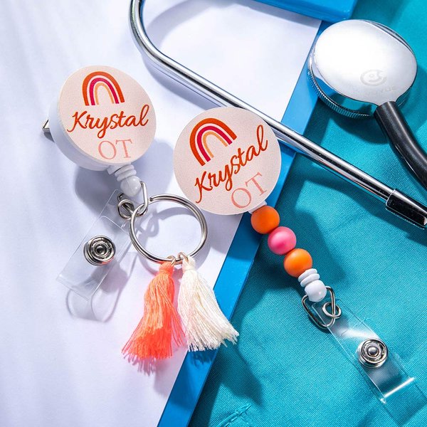 Personalised Rainbow Name Title Retractable Badge Reel ID Card Holder with Tassels or Beads Birthday Appreciation Gift for Teacher Doctor Nurse