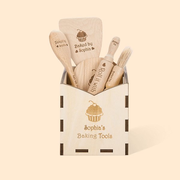 Personalized Wood Cooking Baking Tools with Name Set of 6 Kitchen Birthday Christmas Gift for Kids