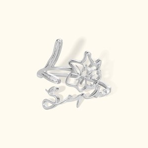 Bague Personnalisée avec Nom et Fleur de Naissance Sculptés Cadeau Anniversaire Fête des Mères pour Femme