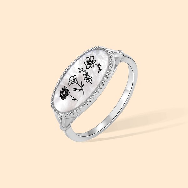 Personalized 1-4 Engraved Shell Black Agate Birth Flowers Oval Ring Birthday Mother's Day Gift for Her