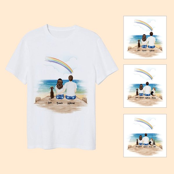 T-shirt Commémoratif Personnalisé avec Vue de Dos d'un Animal de Compagnie et d'un Couple Cadeau d'Anniversaire St Valentin pour Couple