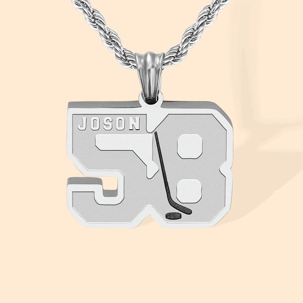 Collier Acier Inoxydable Personnalisé avec Numéro Nom et Gravure au Dos Design Chiffre de Porte-Bonheur Hockey sur Glace Cadeau St Valentin pour Homme