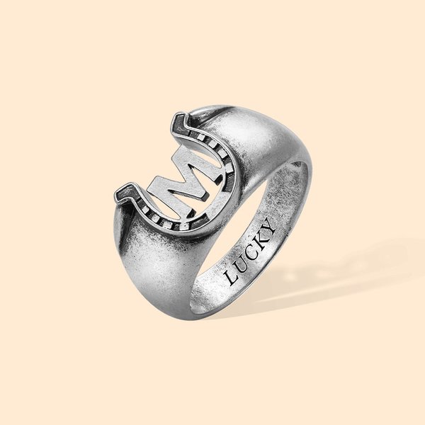 Personalised Lucky Horseshoe Initial Ring with Engraved Text Father's Day Birthday Gift for Him