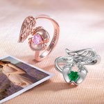 Personalized Angel Wings and Baby Feet Birthstone Ring with Engraved Text Loss Memorial Sympathy Gift for Women