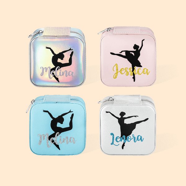 Personalized Ballet Pose Silhouettes Mirror Jewelry Case with Glittery Name Birthday Mother's Day Gift for Ballet Lover