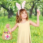 Panier d'œufs personnalisé avec nom - Corbeille en rotin naturel à motif lapin et à anse en perles - Cadeau de Pâques pour les enfants