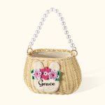 Panier d'œufs personnalisé avec nom - Corbeille en rotin naturel à motif lapin et à anse en perles - Cadeau de Pâques pour les enfants