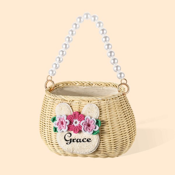 Personalized Cute Bunny Flower Handcrafted Natural Rattan Easter Basket with Name and Pearl Handle Easter Eggs Candy Hunting for Kids