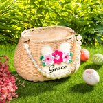 Panier d'œufs personnalisé avec nom - Corbeille en rotin naturel à motif lapin et à anse en perles - Cadeau de Pâques pour les enfants