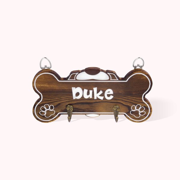 Personalized Bone Shape with Dog Name Wooden Leash Holder for Dog Lover