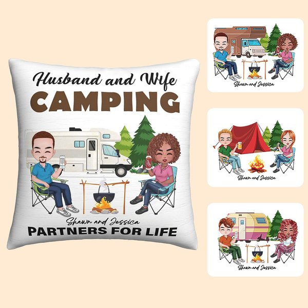 Personalisierte Ehemann und Frau Camping Partner für das Leben Throw Kissenbezug mit Namen Valentinstag Geschenk für Paar