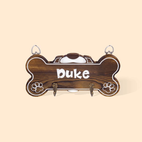 Personalized Bone Shape with Dog Name Wooden Leash Holder for Dog Lover