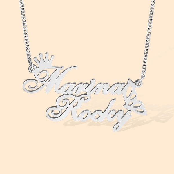 Collier avec 2 Prénoms Personnalisés avec Couronne Cadeau Anniversaire Fête pour Femme et Couple