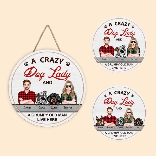 Personalized Wooden Crazy Dog Lady And Grumpy Old Man Welcome Door Sign