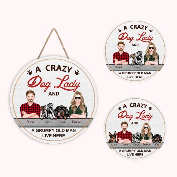 Personalized Wooden Crazy Dog Lady And Grumpy Old Man Welcome Door Sign