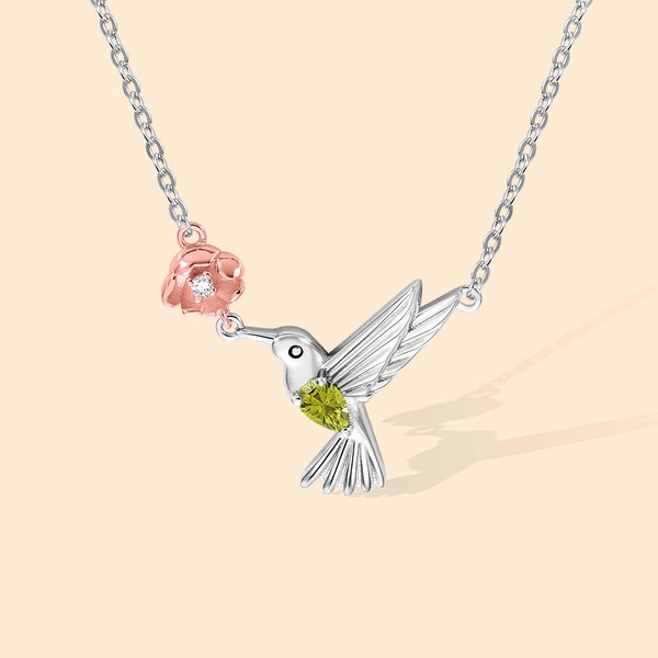 Personalized Hummingbird with Birth Flower and Birthstone Necklace for Mother's Day Jewelry Gifts