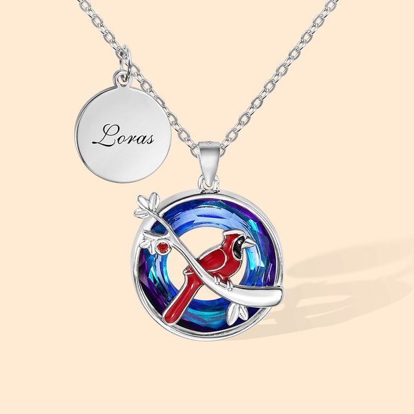 Collana personalizzata con cardinale impreziosito da cristalli e disco con testo inciso e pietra di nascita Regalo commemorativo di simpatia per la famiglia