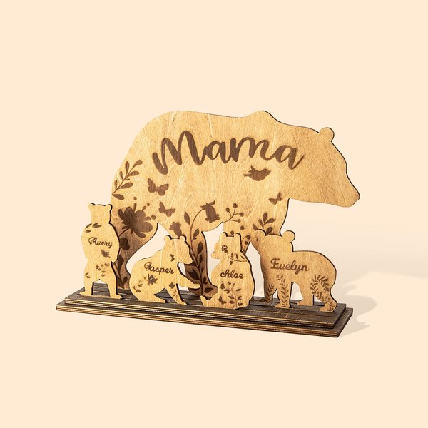 Set of 4 Personalised Mama Bear with Cubs Wood Desk Decor for Mom