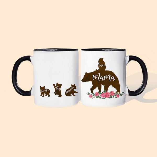 Taza personalizada con nombres de mamá osa y cachorros para regalar el Día de la Madre