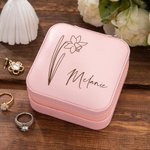 Personalised Leather Birth Flower Travel Jewellery Box with Name Portable Jewellery Case for Women Girls
