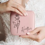 Personalised Leather Birth Flower Travel Jewellery Box with Name Portable Jewellery Case for Women Girls