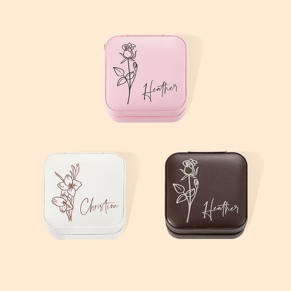 Personalisiertes PU-Leder Schmuckkästchen mit Geburtsblume und Namen Tragbarere Urlaub Reise Schmuckschatulle für Damen Mädchen