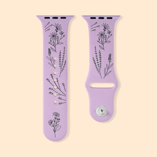 Bracelet Apple Watch personnalisé en silicone avec impression laser de fleurs sauvages