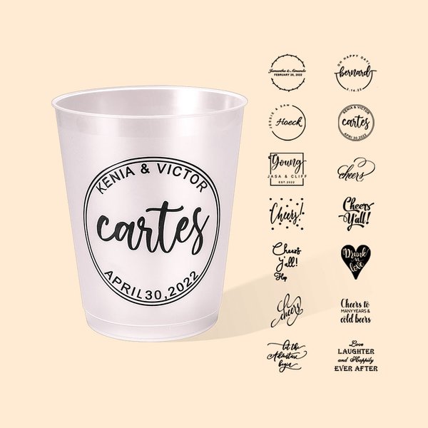 Personalized Set of 10 Disposable Frosted Plastic Cups with 12oz or 16oz for Bridal Shower Wedding Engagement Party Supplies