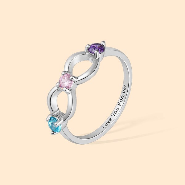Personalized Infinity Ring with 3 Birthstone with Engraved Text Mother's Day Birthday Gift for Her