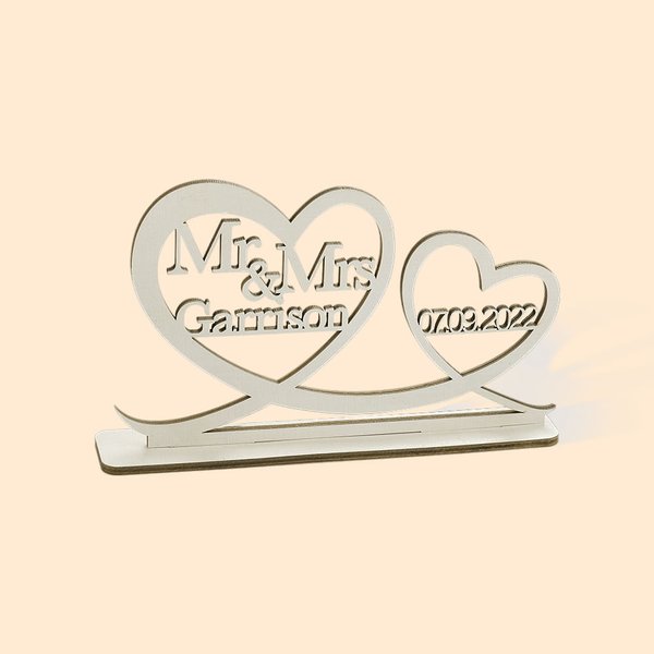 Personalised Wooden Two Hearts Table Decoration Sign with Name and Date for Wedding Anniversary Gift for Couple