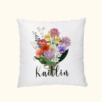 Taie d'Oreiller Aquarelle Personnalisée Fleurs de Naissance Thème Familial Décoration de Maison Cadeau d'Anniversaire Fête des Mères pour Maman