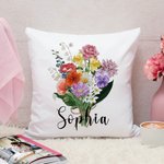 Taie d'Oreiller Aquarelle Personnalisée Fleurs de Naissance Thème Familial Décoration de Maison Cadeau d'Anniversaire Fête des Mères pour Maman