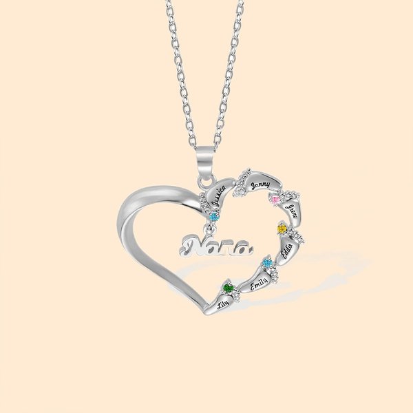 Personalised Engraved Baby Feet Heart Family Necklace with 1-8 Names and Birthstones Mother‘s Day Birthday for Mother Grandma
