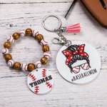 Porte-clés Peresonnalisé avec Nom et Plaque de Balle Accessoire avec Bracelet en Perles de Bois et Frange Cadeau pour Femme