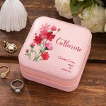 Boîte à Bijoux de Voyage en Cuir Personnalisée avec Nom et Fleur de Naissance Cadeau d'Anniversaire de Mariage pour Femme