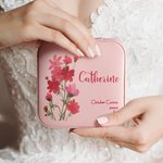 Boîte à Bijoux de Voyage en Cuir Personnalisée avec Nom et Fleur de Naissance Cadeau d'Anniversaire de Mariage pour Femme