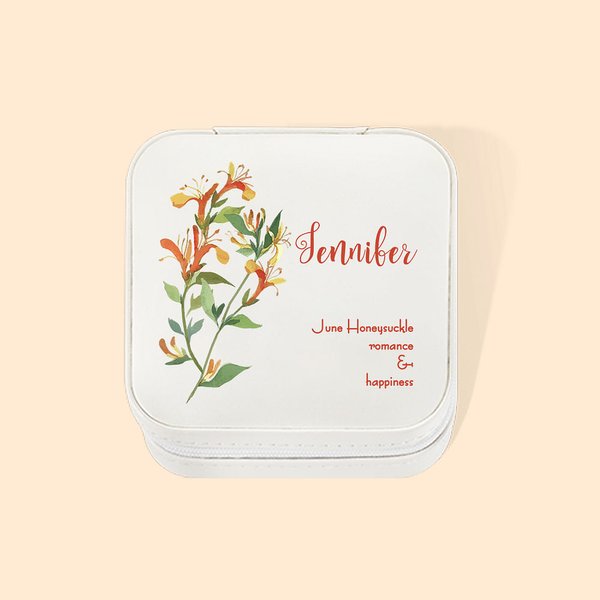 Boîte à Bijoux de Voyage en Cuir Personnalisée avec Nom et Fleur de Naissance Cadeau d'Anniversaire de Mariage pour Femme